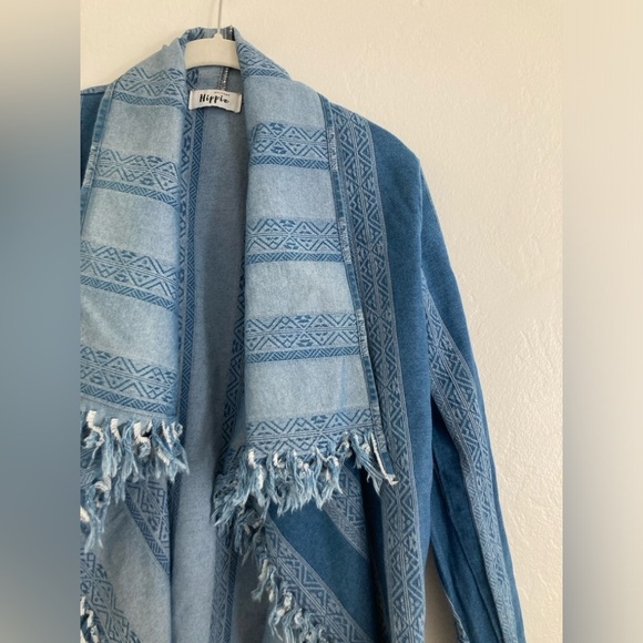 Military Hippie Fringe Denim Open Front Boho Lagenlook Southwestern Jacket S/M - Picture 2 of 9